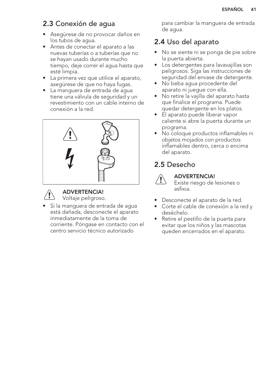 3 conexión de agua, 4 uso del aparato, 5 desecho | AEG F76520VI0P User Manual | Page 41 / 56