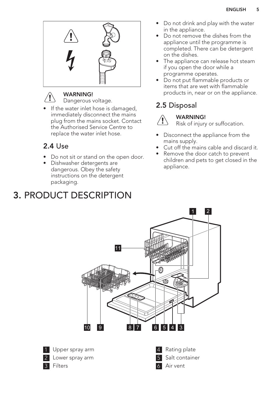 4 use, 5 disposal, Product description | AEG F76520VI0P User Manual | Page 5 / 56
