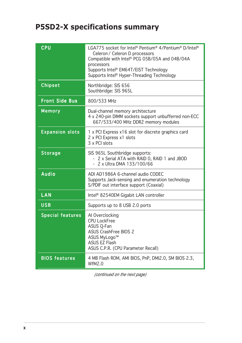 P5sd2-x specifications summary | Asus Motherboard P5SD2-X User Manual | Page 10 / 84