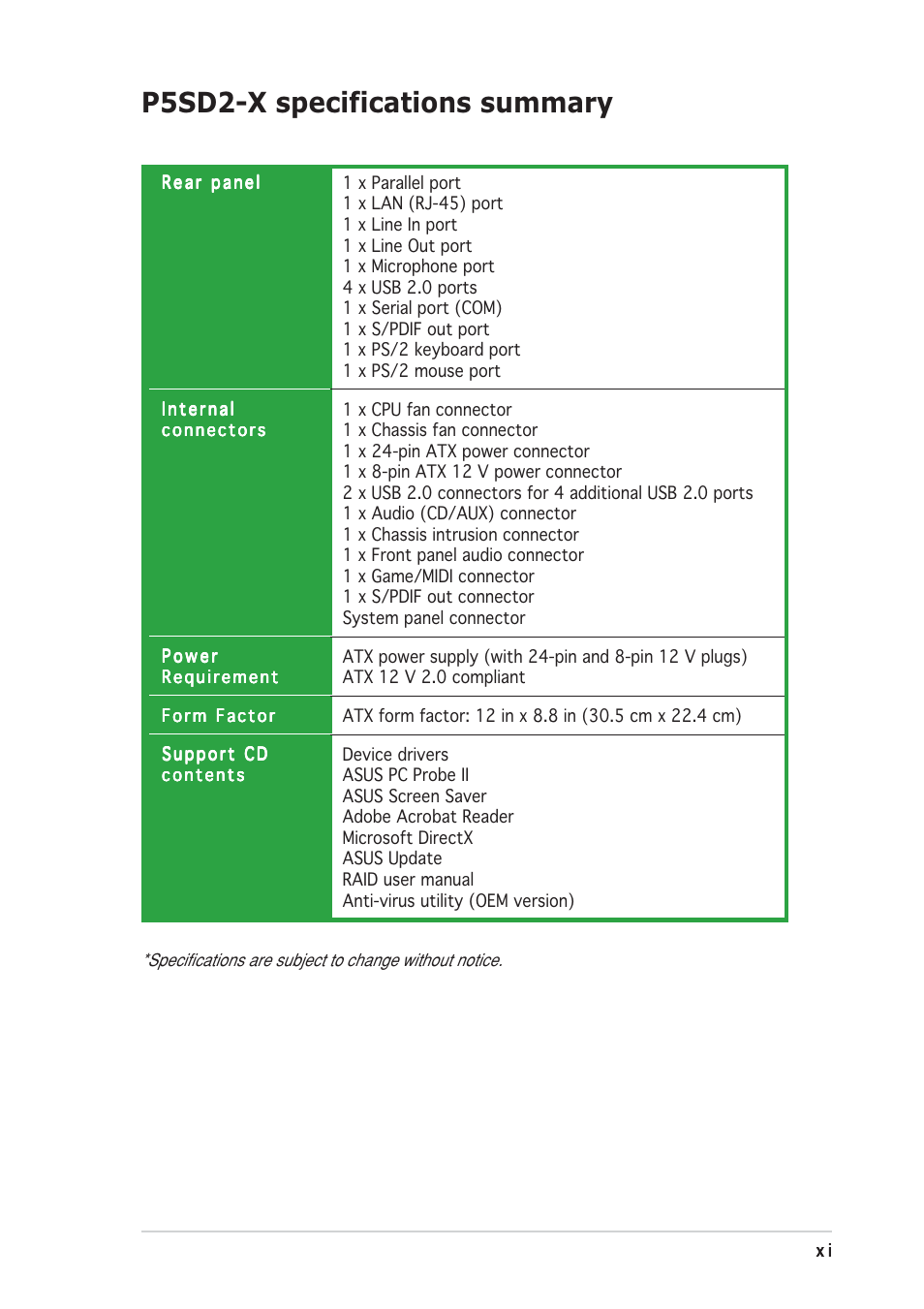 P5sd2-x specifications summary | Asus Motherboard P5SD2-X User Manual | Page 11 / 84