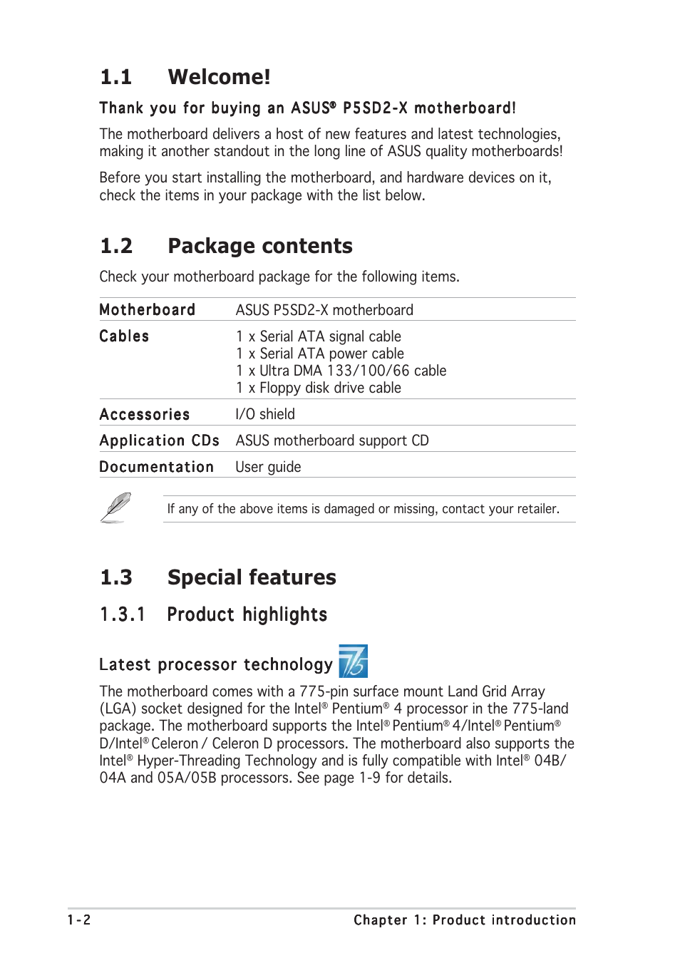 1 welcome, 2 package contents, 3 special features | Asus Motherboard P5SD2-X User Manual | Page 14 / 84