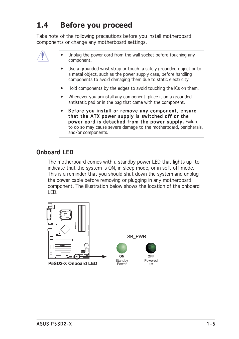 4 before you proceed, Onboard led | Asus Motherboard P5SD2-X User Manual | Page 17 / 84