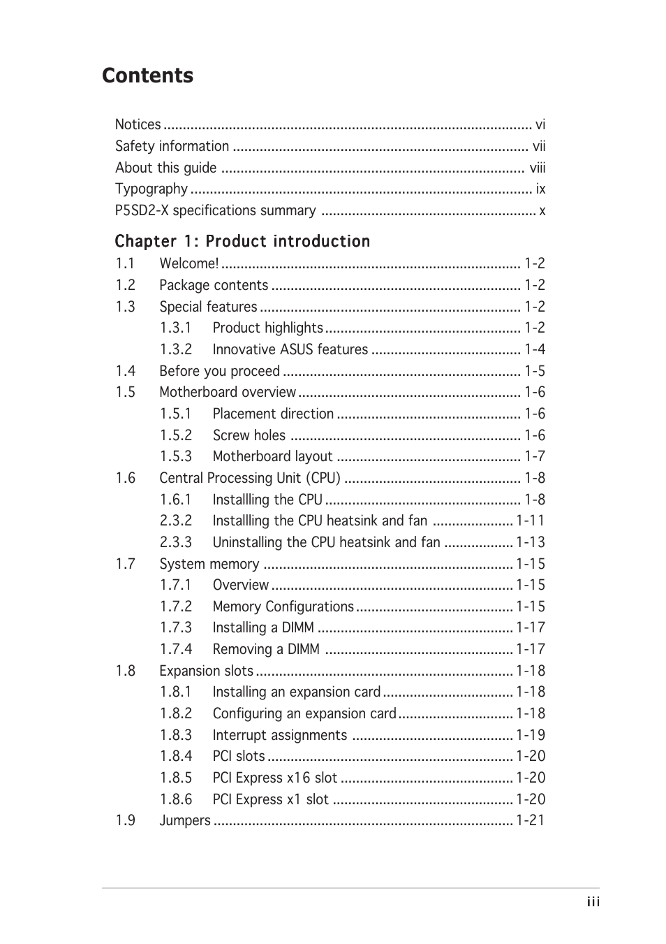 Asus Motherboard P5SD2-X User Manual | Page 3 / 84