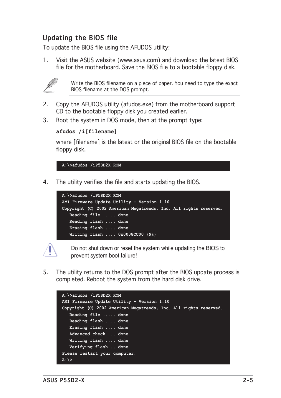 Updating the bios file | Asus Motherboard P5SD2-X User Manual | Page 47 / 84