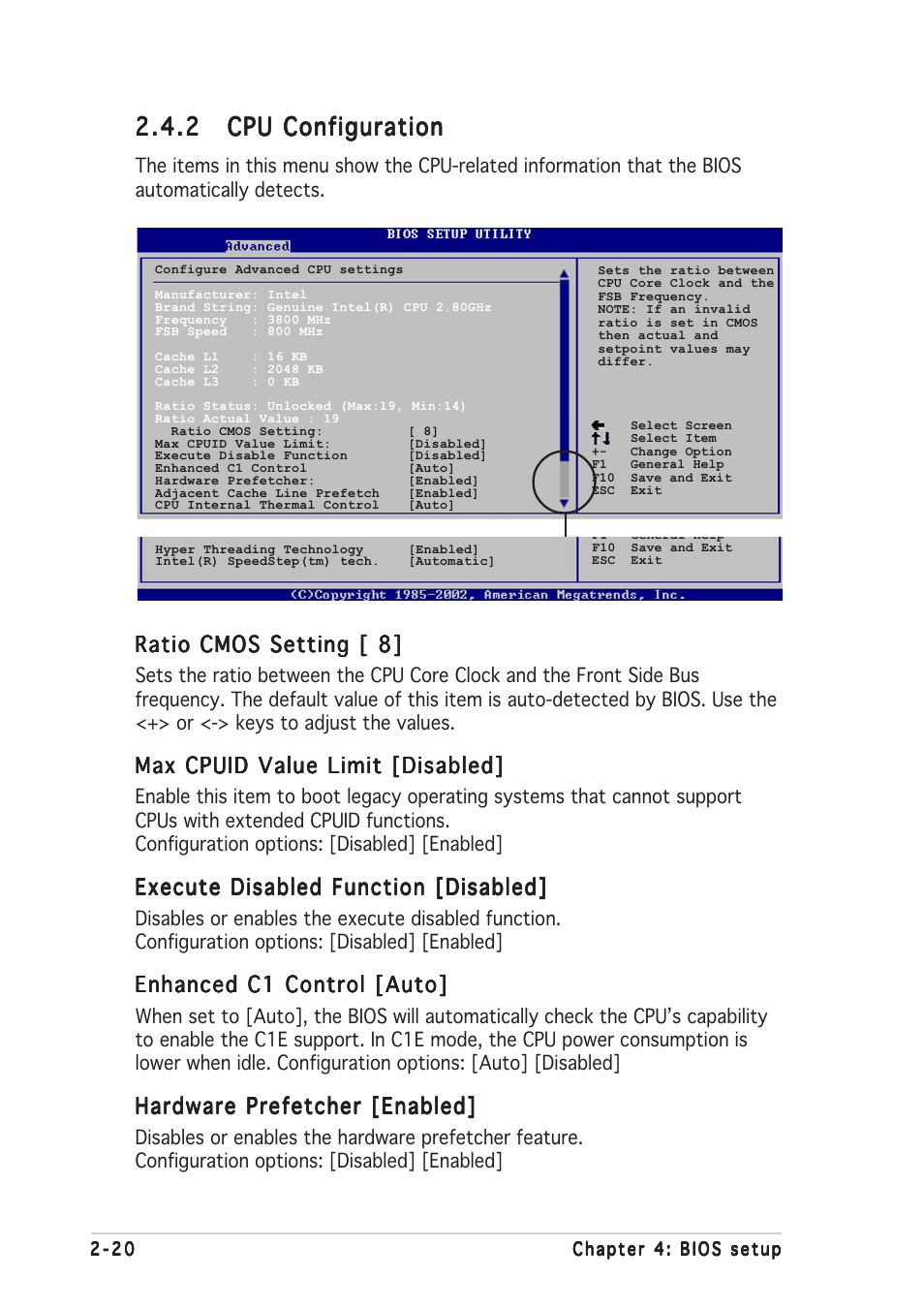 Ratio cmos setting [ 8, Max cpuid value limit [disabled, Execute disabled function [disabled | Enhanced c1 control [auto, Hardware prefetcher [enabled | Asus Motherboard P5SD2-X User Manual | Page 62 / 84