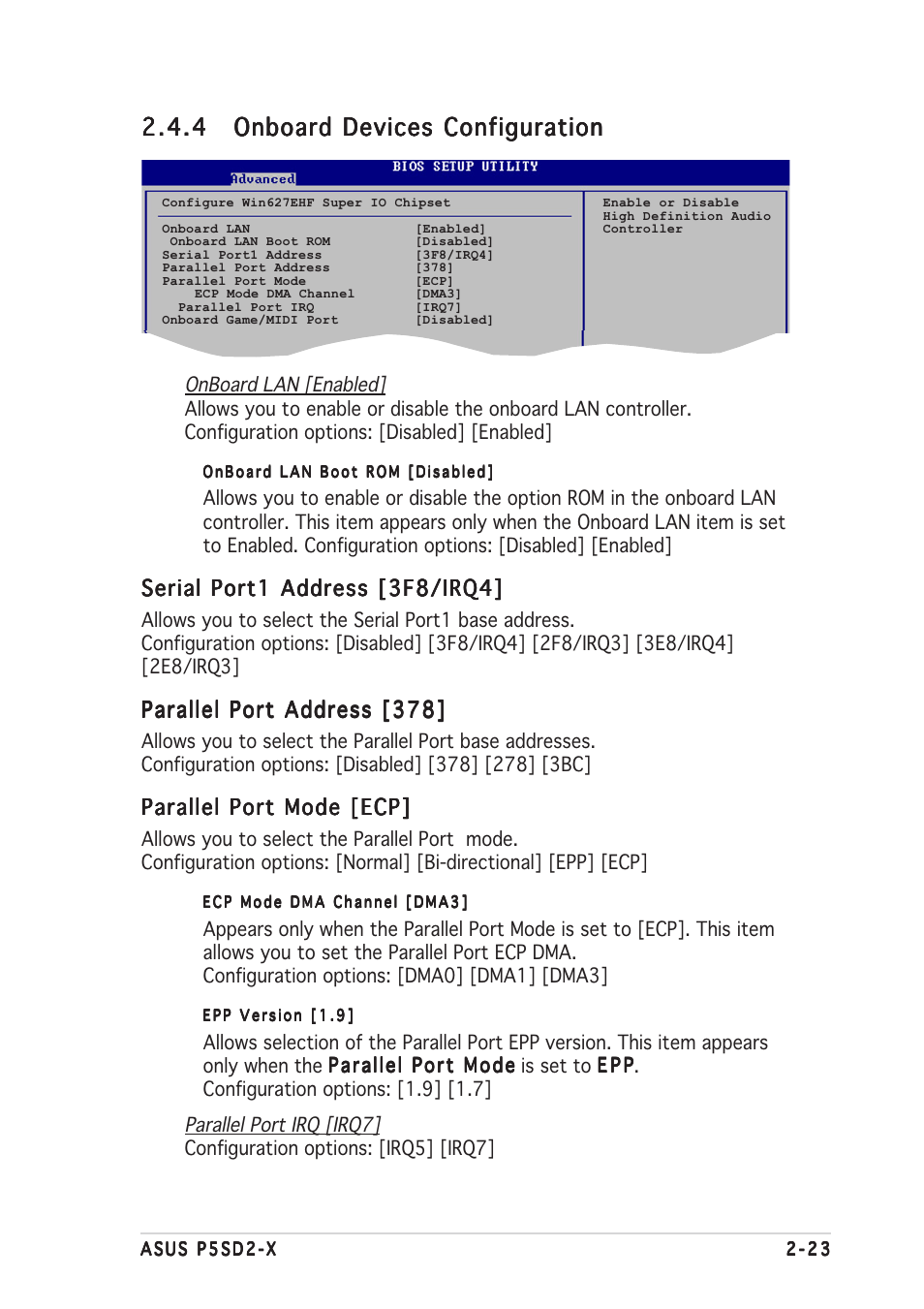 Serial port1 address [3f8/irq4, Parallel port address [378, Parallel port mode [ecp | Asus Motherboard P5SD2-X User Manual | Page 65 / 84