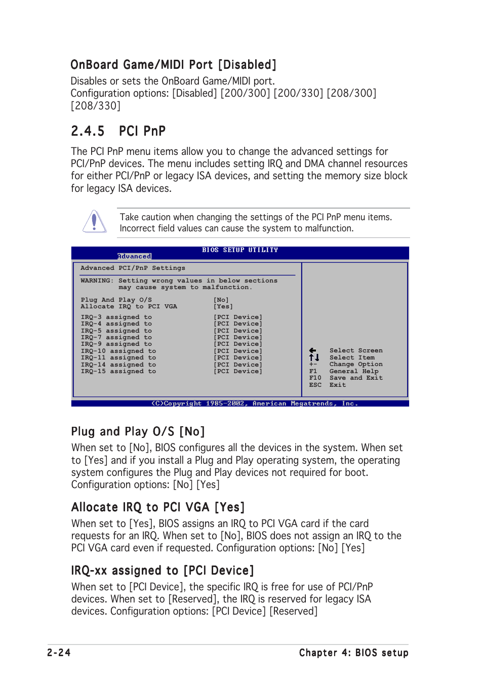 5 pci pnp pci pnp pci pnp pci pnp pci pnp, Plug and play o/s [no, Allocate irq to pci vga [yes | Irq-xx assigned to [pci device, Onboard game/midi port [disabled | Asus Motherboard P5SD2-X User Manual | Page 66 / 84