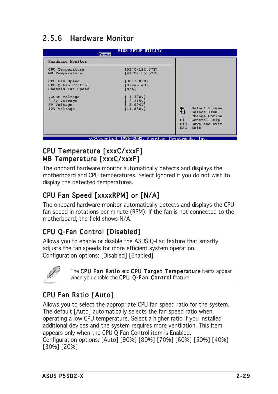 Cpu temperature [xxxc/xxxf, Cpu q-fan control [disabled, Cpu fan ratio [auto | Asus Motherboard P5SD2-X User Manual | Page 71 / 84