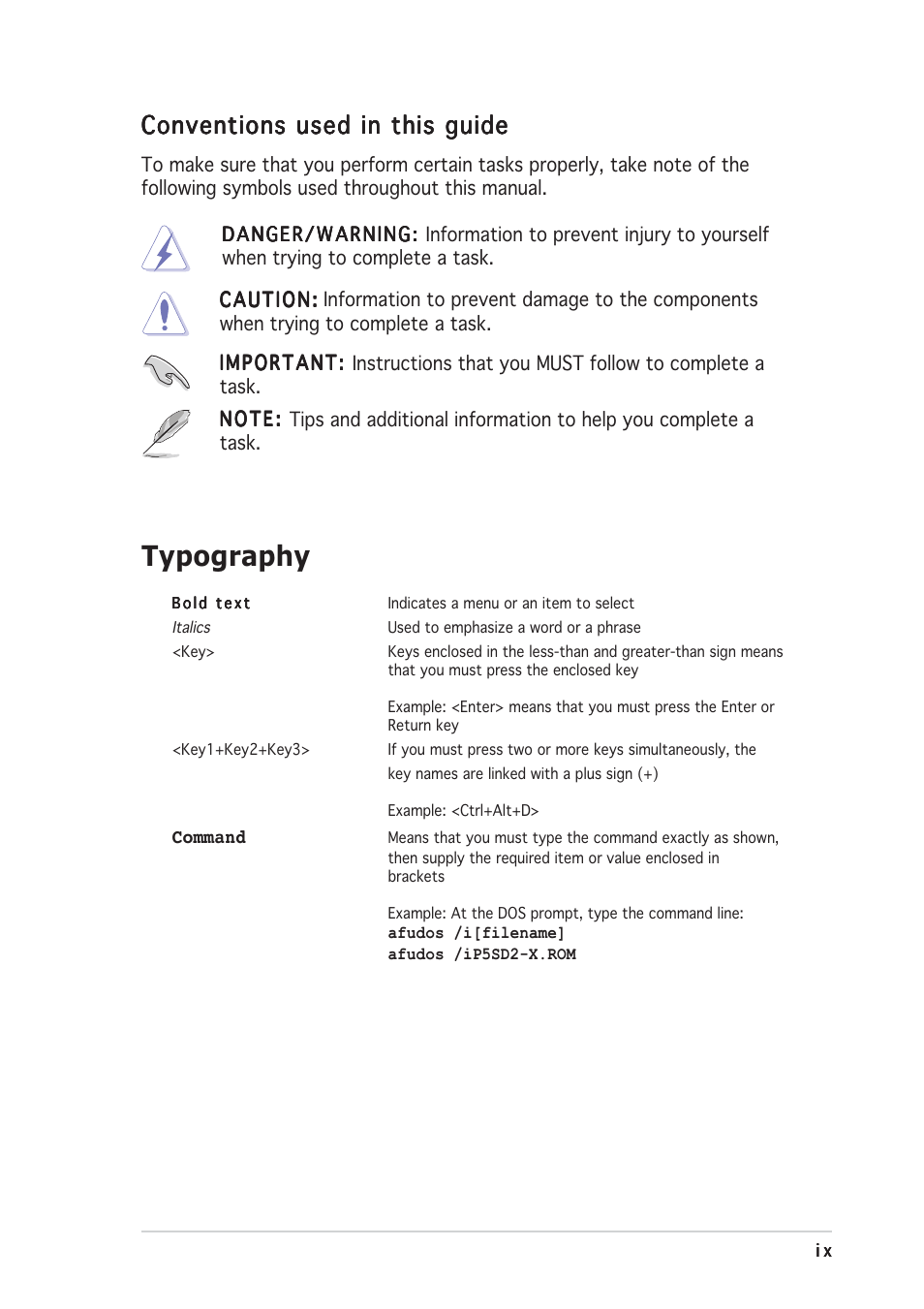 Typography, Conventions used in this guide | Asus Motherboard P5SD2-X User Manual | Page 9 / 84