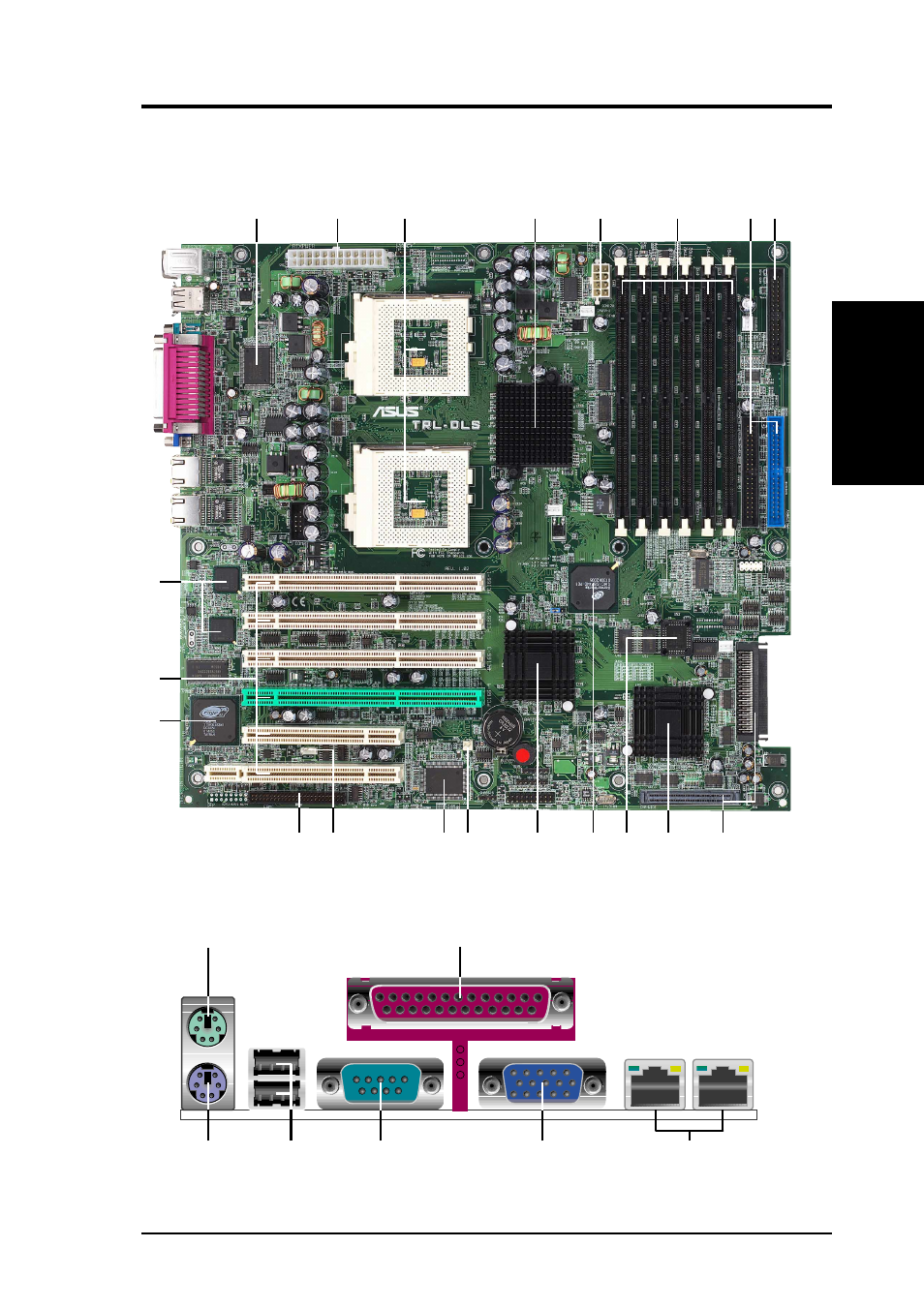 Features, 1 component locations | Asus Dual TualatinTM Motherboard TRL-DLS User Manual | Page 13 / 86