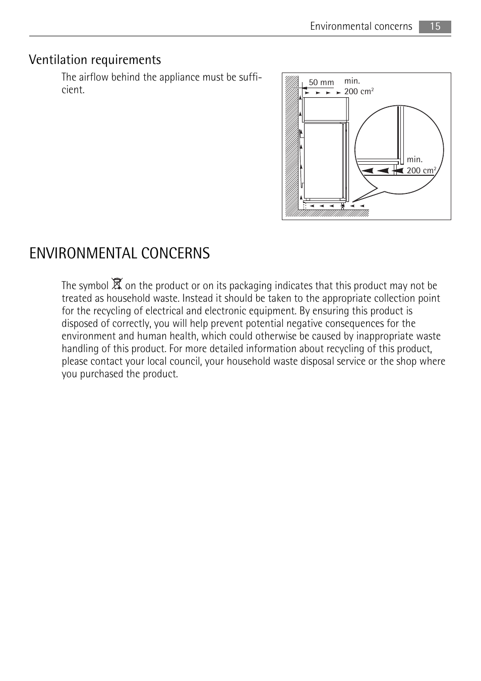 Environmental concerns, Ventilation requirements | AEG SWD81800L1 User Manual | Page 15 / 76