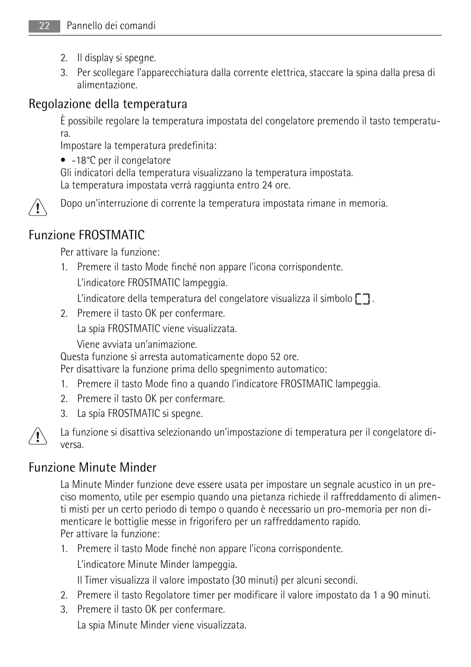 Regolazione della temperatura, Funzione frostmatic, Funzione minute minder | AEG SWD81800L1 User Manual | Page 22 / 76