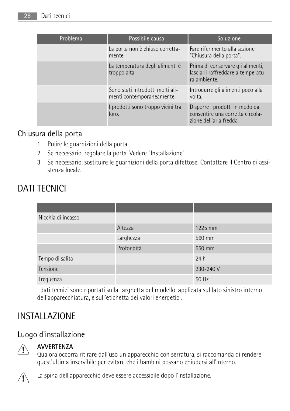 Dati tecnici, Installazione, Chiusura della porta | Luogo d'installazione | AEG SWD81800L1 User Manual | Page 28 / 76