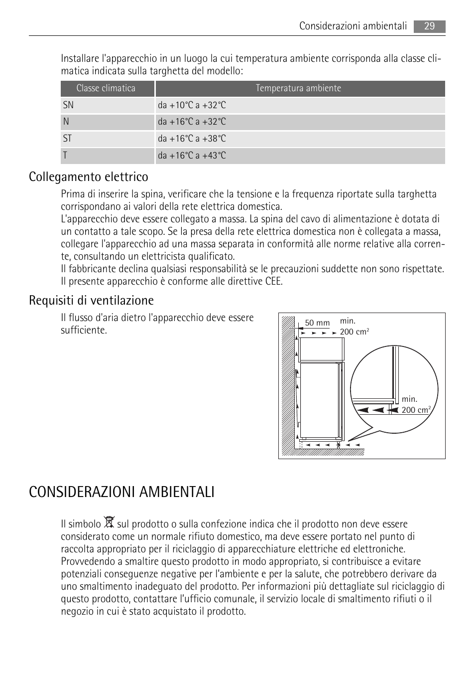 Considerazioni ambientali, Collegamento elettrico, Requisiti di ventilazione | AEG SWD81800L1 User Manual | Page 29 / 76