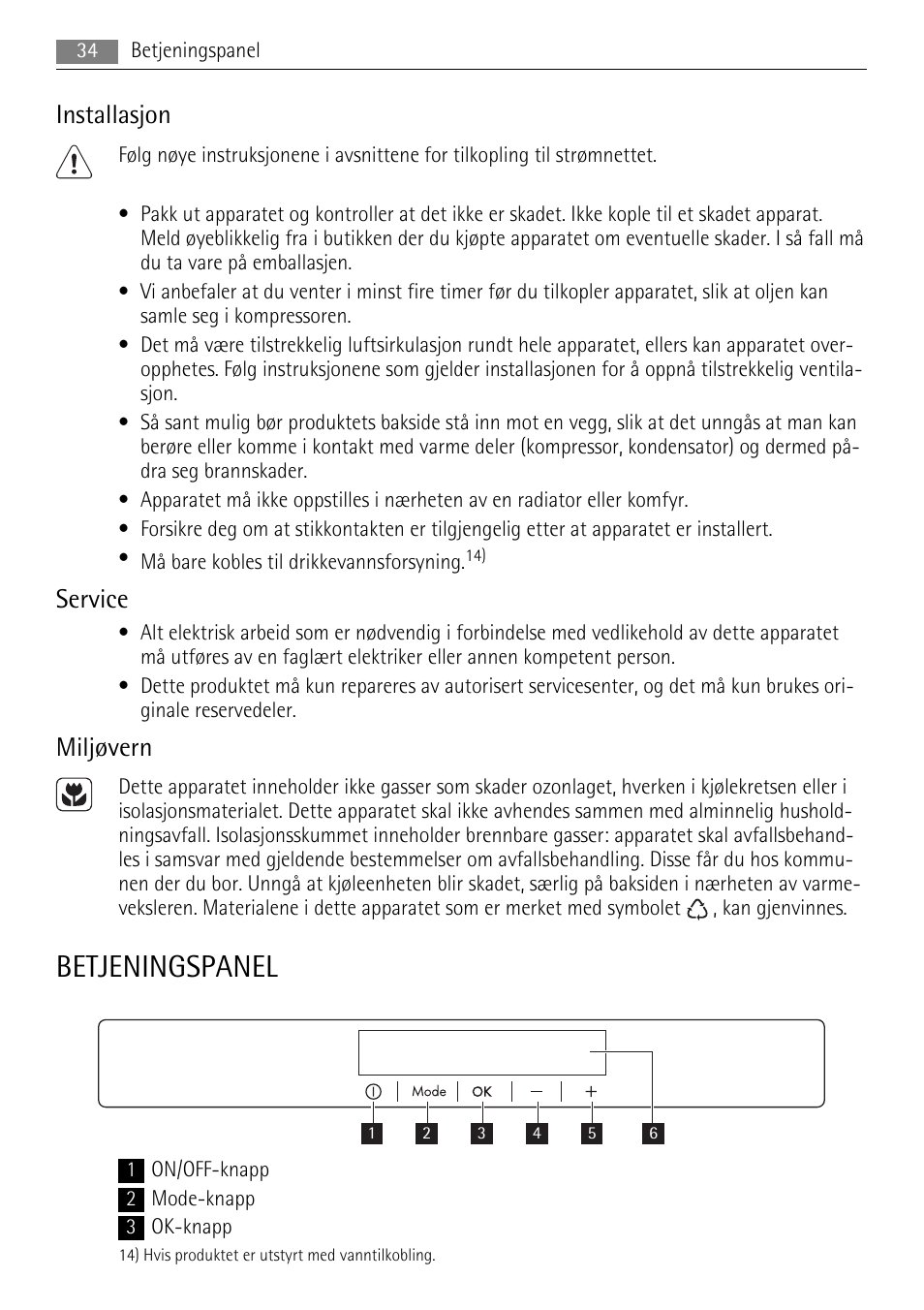Betjeningspanel, Installasjon, Service | Miljøvern | AEG SWD81800L1 User Manual | Page 34 / 76