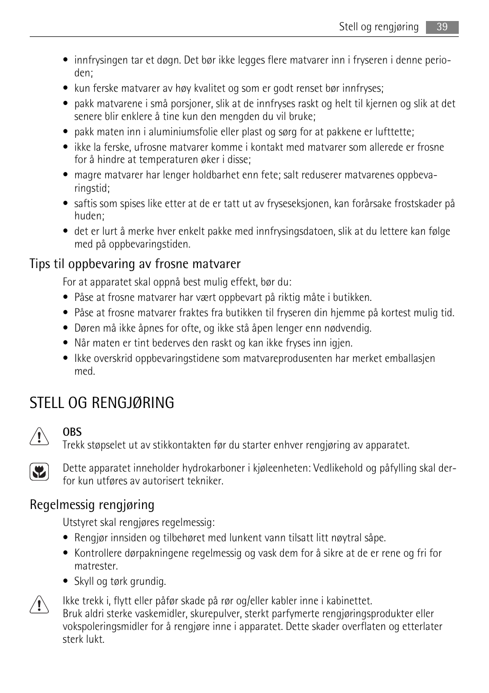 Stell og rengjøring, Tips til oppbevaring av frosne matvarer, Regelmessig rengjøring | AEG SWD81800L1 User Manual | Page 39 / 76