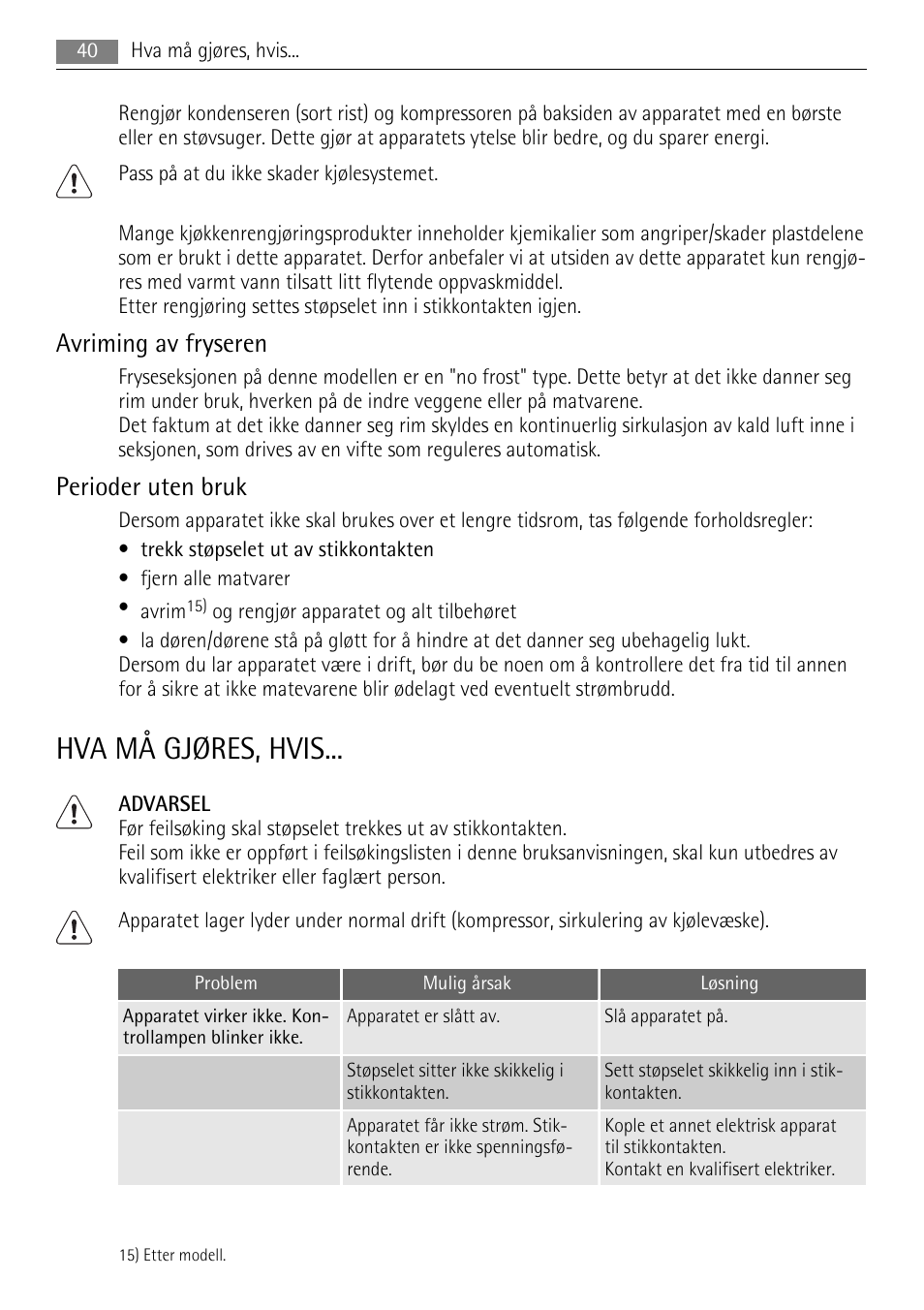 Hva må gjøres, hvis, Avriming av fryseren, Perioder uten bruk | AEG SWD81800L1 User Manual | Page 40 / 76