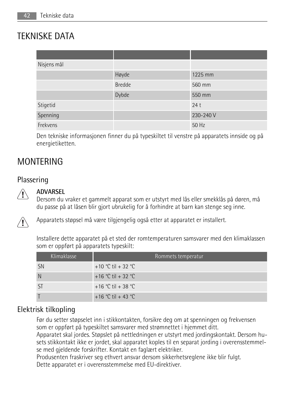 Tekniske data, Montering, Plassering | Elektrisk tilkopling | AEG SWD81800L1 User Manual | Page 42 / 76