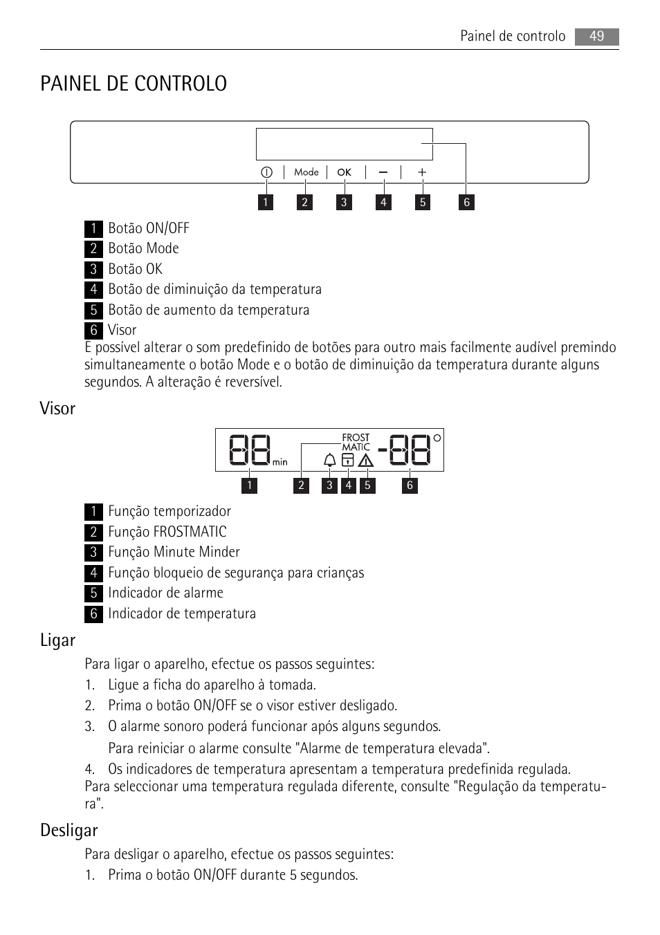 Painel de controlo, Visor, Ligar | Desligar | AEG SWD81800L1 User Manual | Page 49 / 76