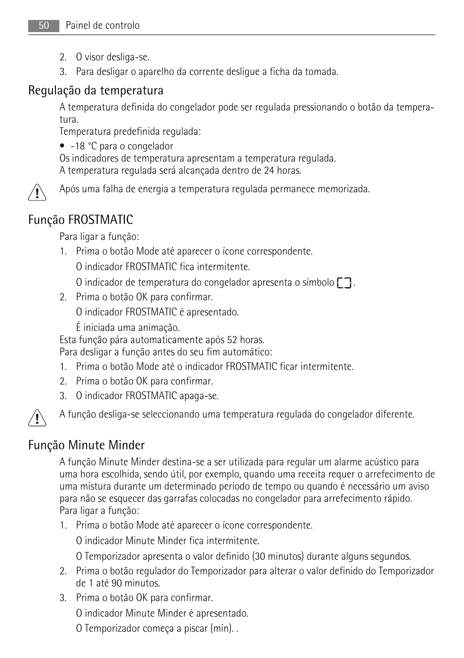 Regulação da temperatura, Função frostmatic, Função minute minder | AEG SWD81800L1 User Manual | Page 50 / 76
