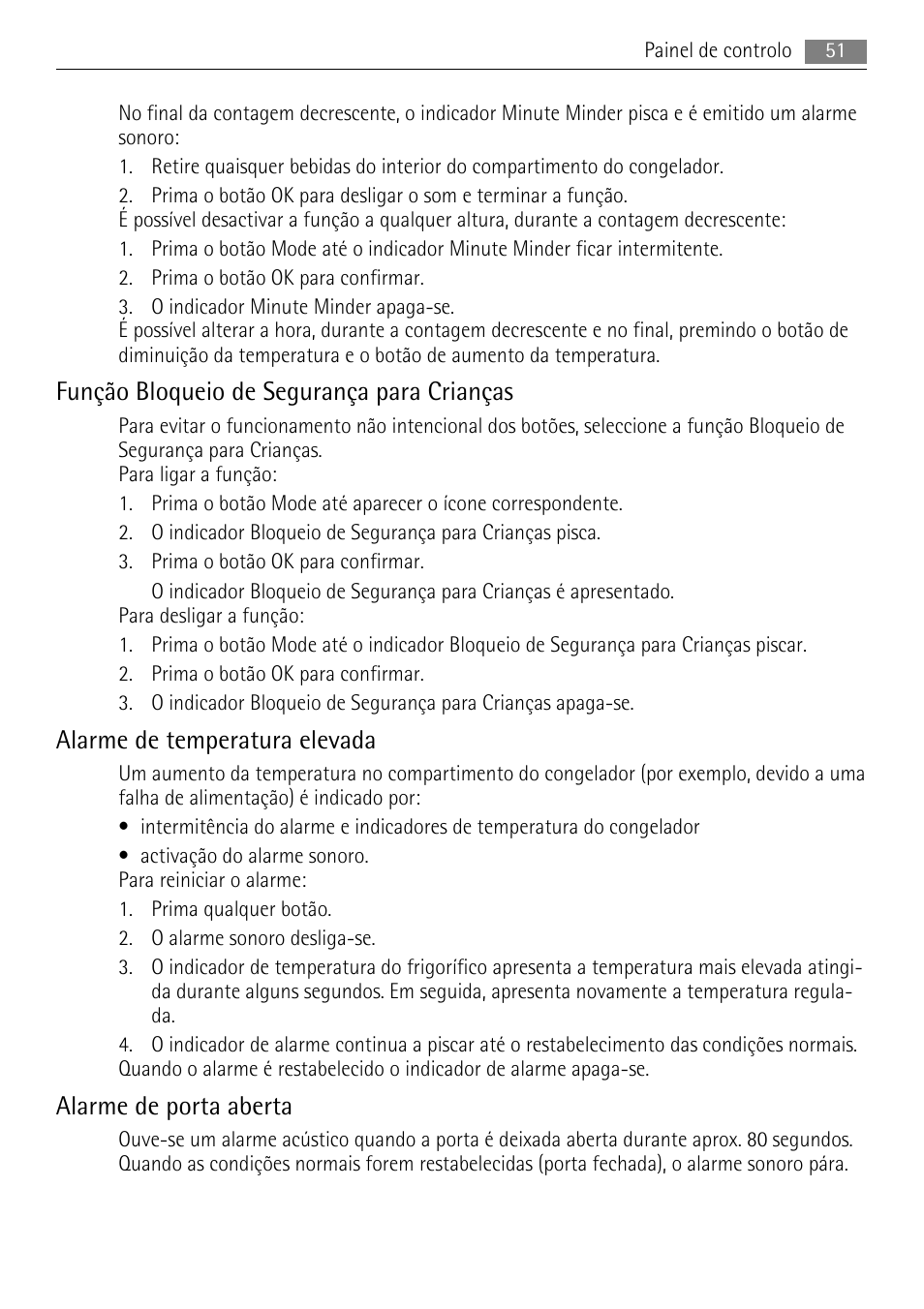 Função bloqueio de segurança para crianças, Alarme de temperatura elevada, Alarme de porta aberta | AEG SWD81800L1 User Manual | Page 51 / 76