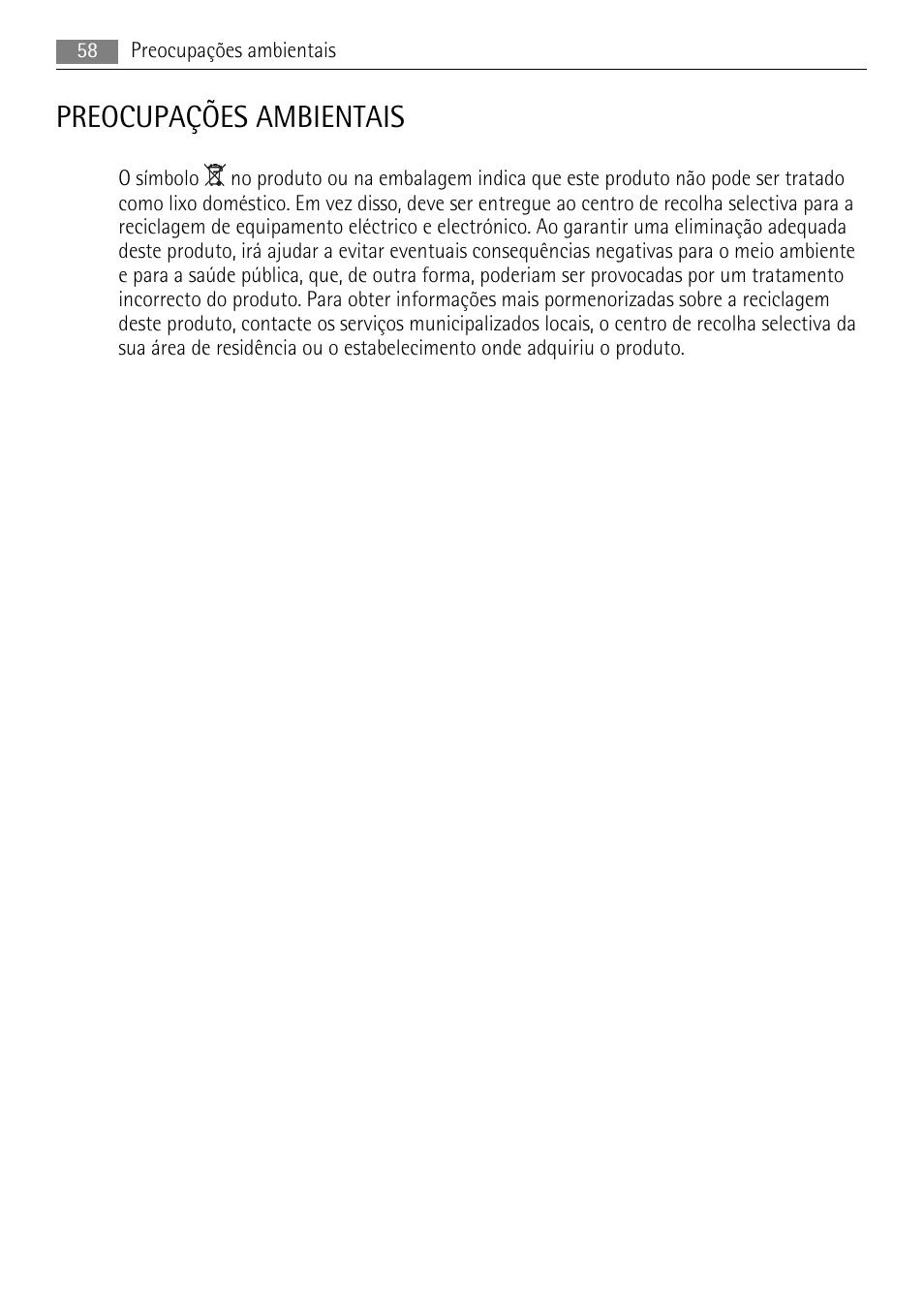 Preocupações ambientais | AEG SWD81800L1 User Manual | Page 58 / 76