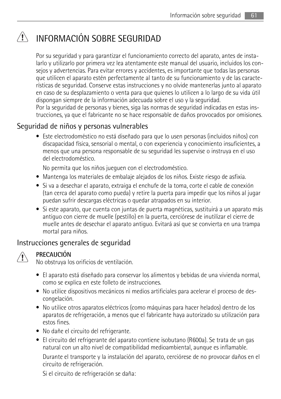 Información sobre seguridad, Seguridad de niños y personas vulnerables, Instrucciones generales de seguridad | AEG SWD81800L1 User Manual | Page 61 / 76