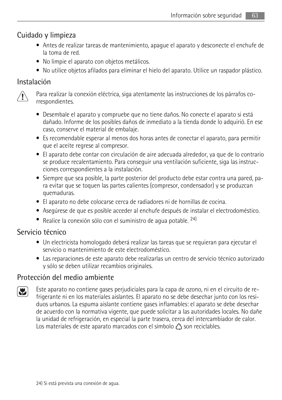 Cuidado y limpieza, Instalación, Servicio técnico | Protección del medio ambiente | AEG SWD81800L1 User Manual | Page 63 / 76