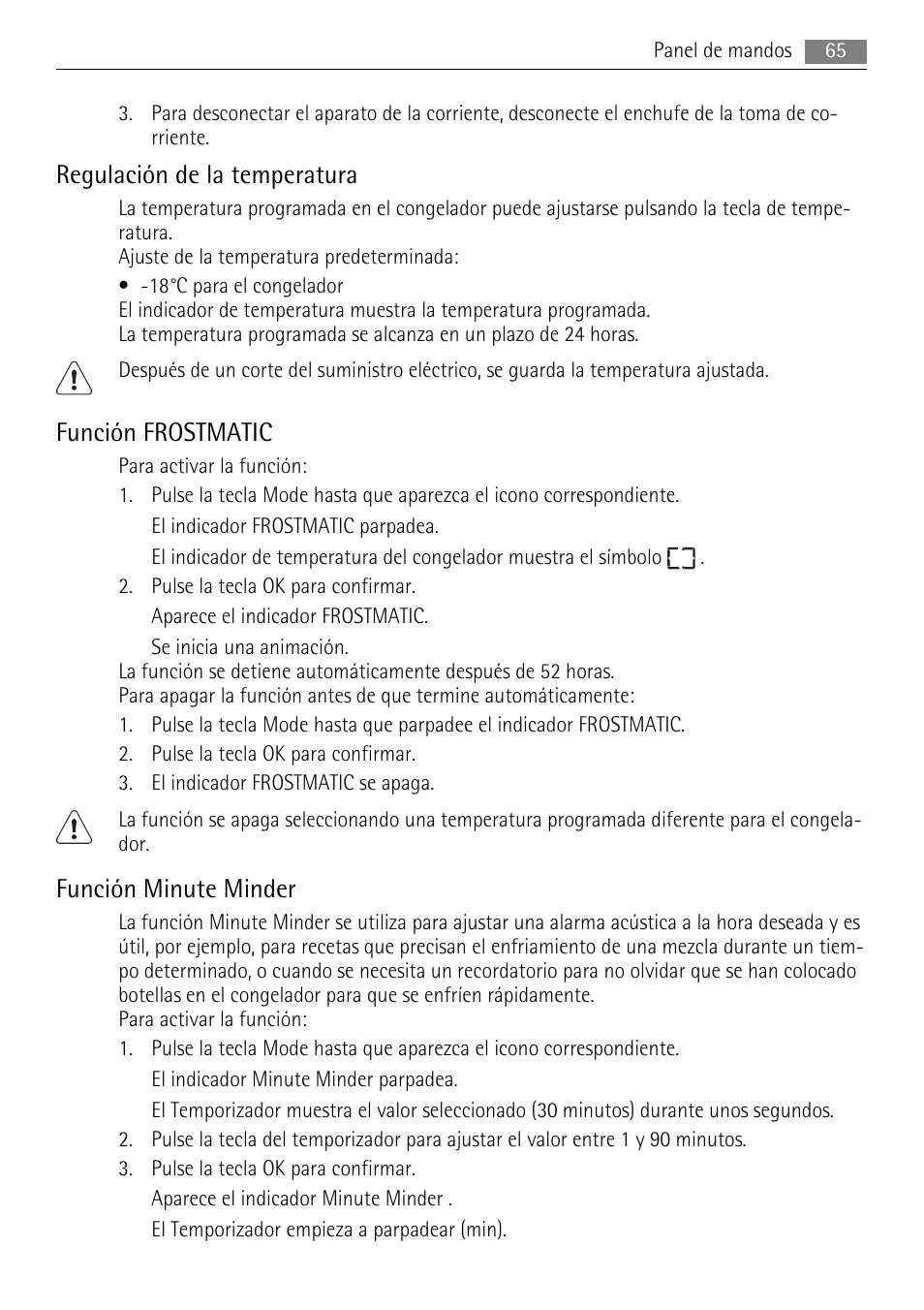 Regulación de la temperatura, Función frostmatic, Función minute minder | AEG SWD81800L1 User Manual | Page 65 / 76