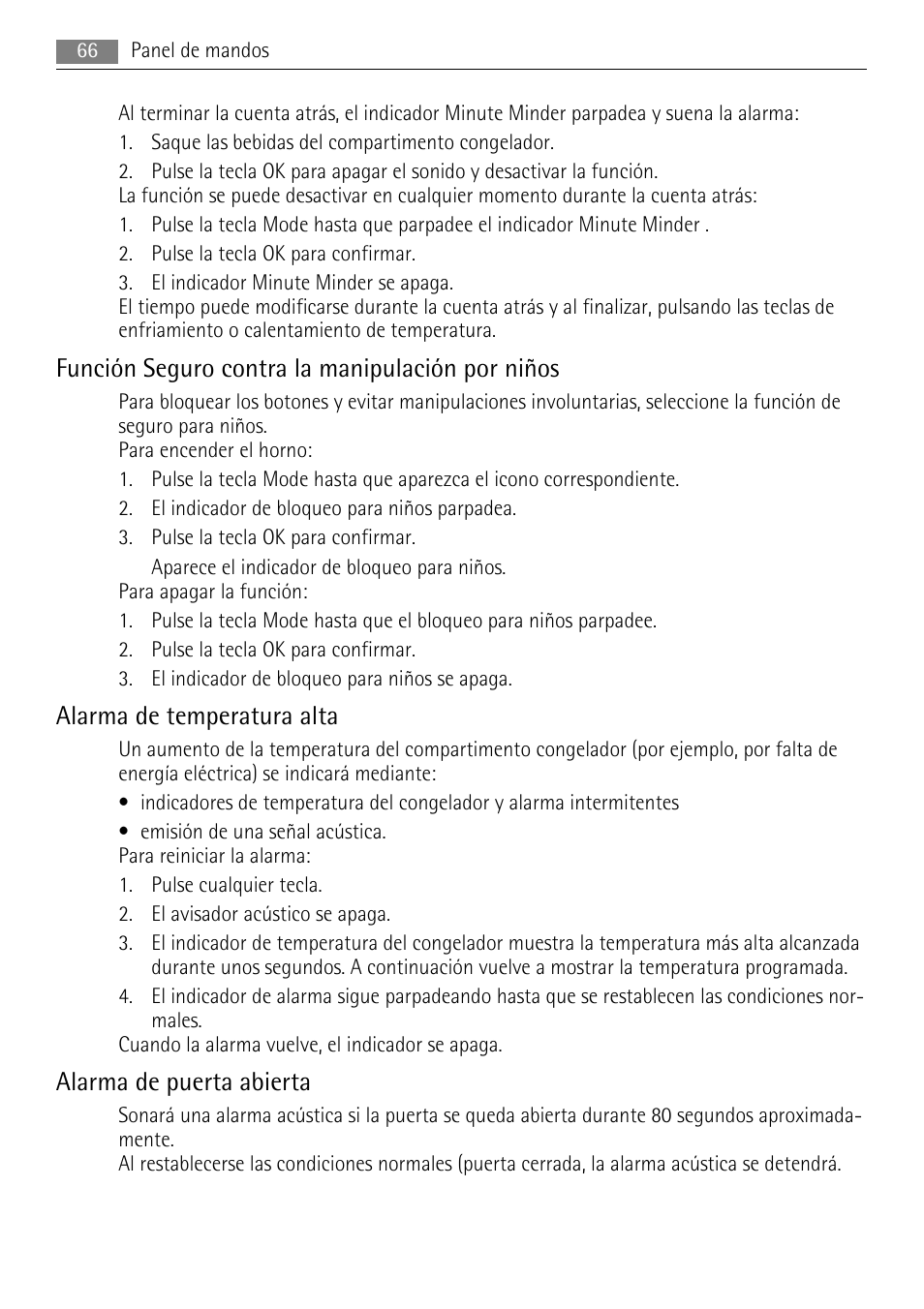 Función seguro contra la manipulación por niños, Alarma de temperatura alta, Alarma de puerta abierta | AEG SWD81800L1 User Manual | Page 66 / 76