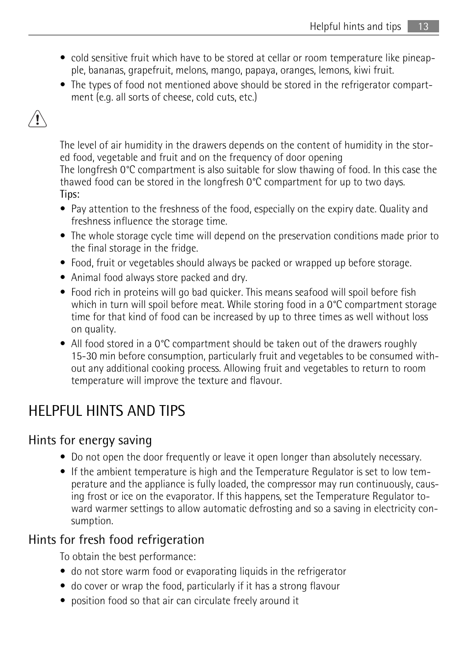 Helpful hints and tips, Hints for energy saving, Hints for fresh food refrigeration | AEG SKS71840S0 User Manual | Page 13 / 80