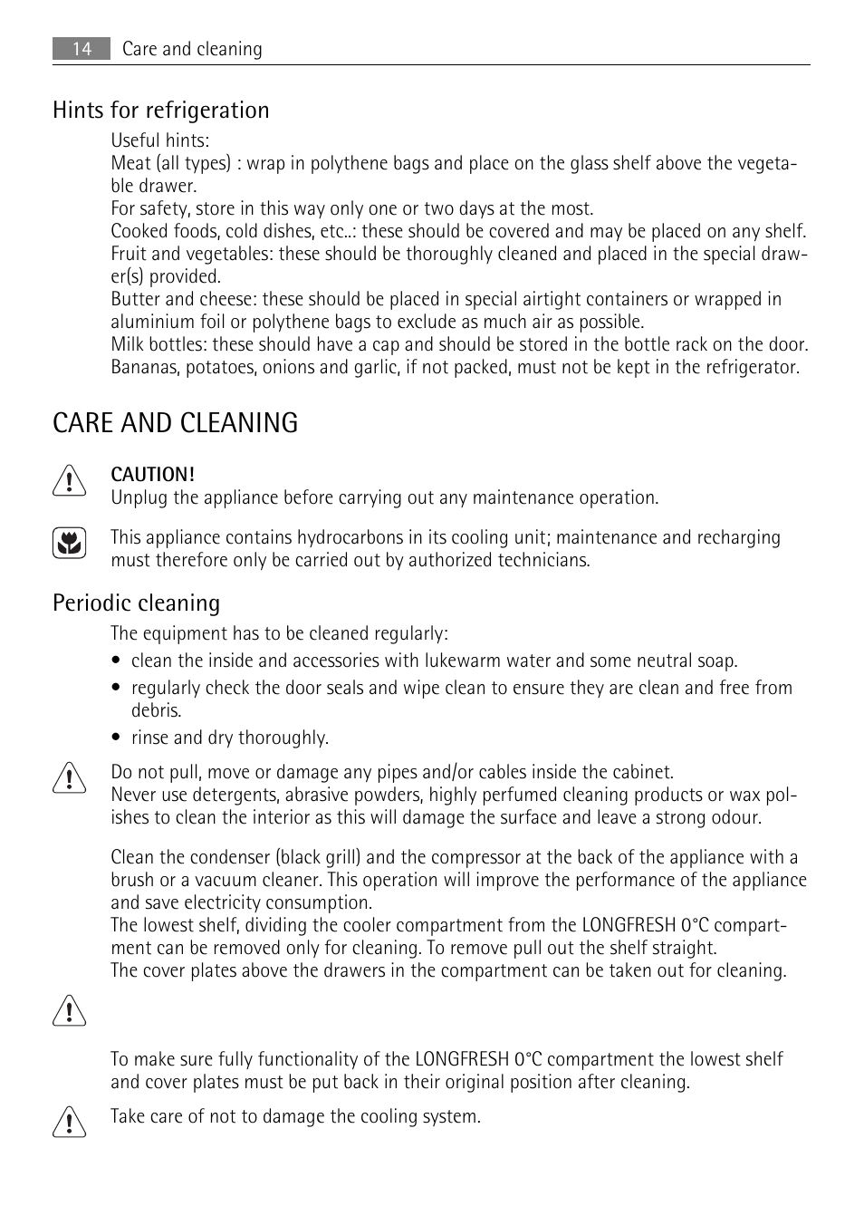 Care and cleaning, Hints for refrigeration, Periodic cleaning | AEG SKS71840S0 User Manual | Page 14 / 80