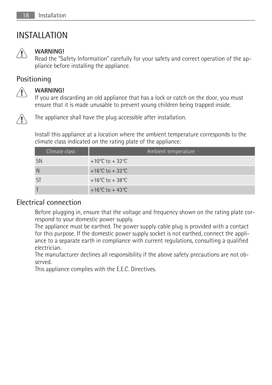 Installation, Positioning, Electrical connection | AEG SKS71840S0 User Manual | Page 18 / 80