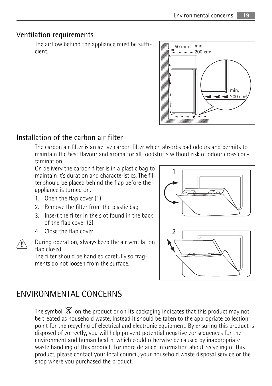 Environmental concerns, Ventilation requirements, Installation of the carbon air filter | AEG SKS71840S0 User Manual | Page 19 / 80