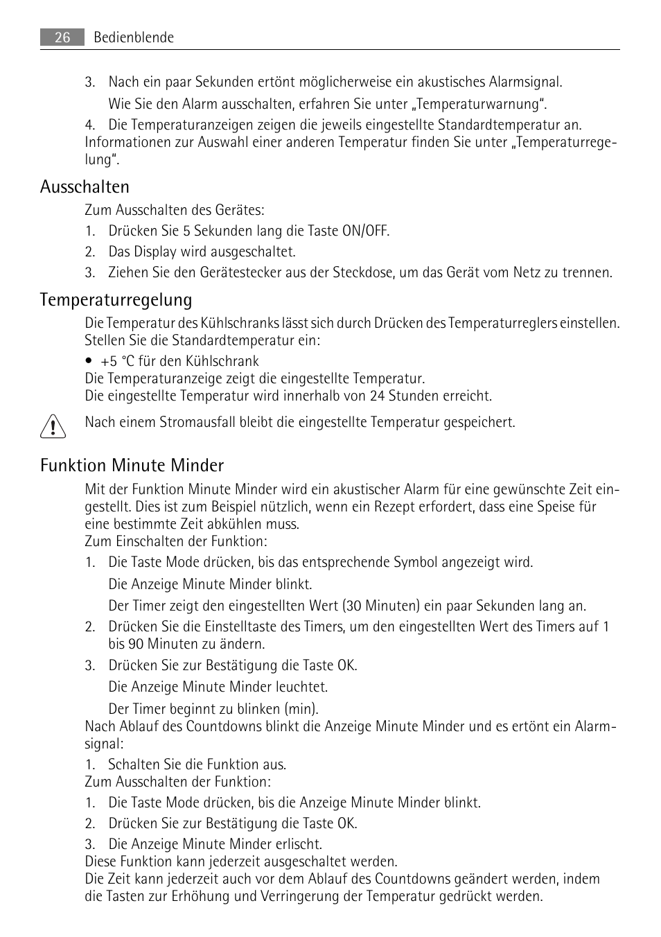 Ausschalten, Temperaturregelung, Funktion minute minder | AEG SKS71840S0 User Manual | Page 26 / 80