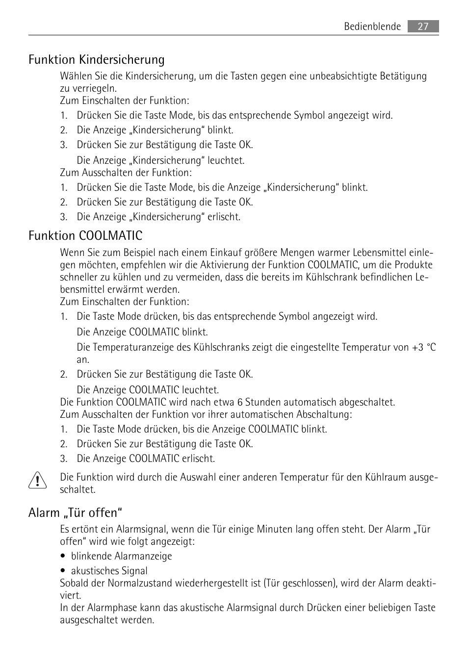 Funktion kindersicherung, Funktion coolmatic, Alarm „tür offen | AEG SKS71840S0 User Manual | Page 27 / 80