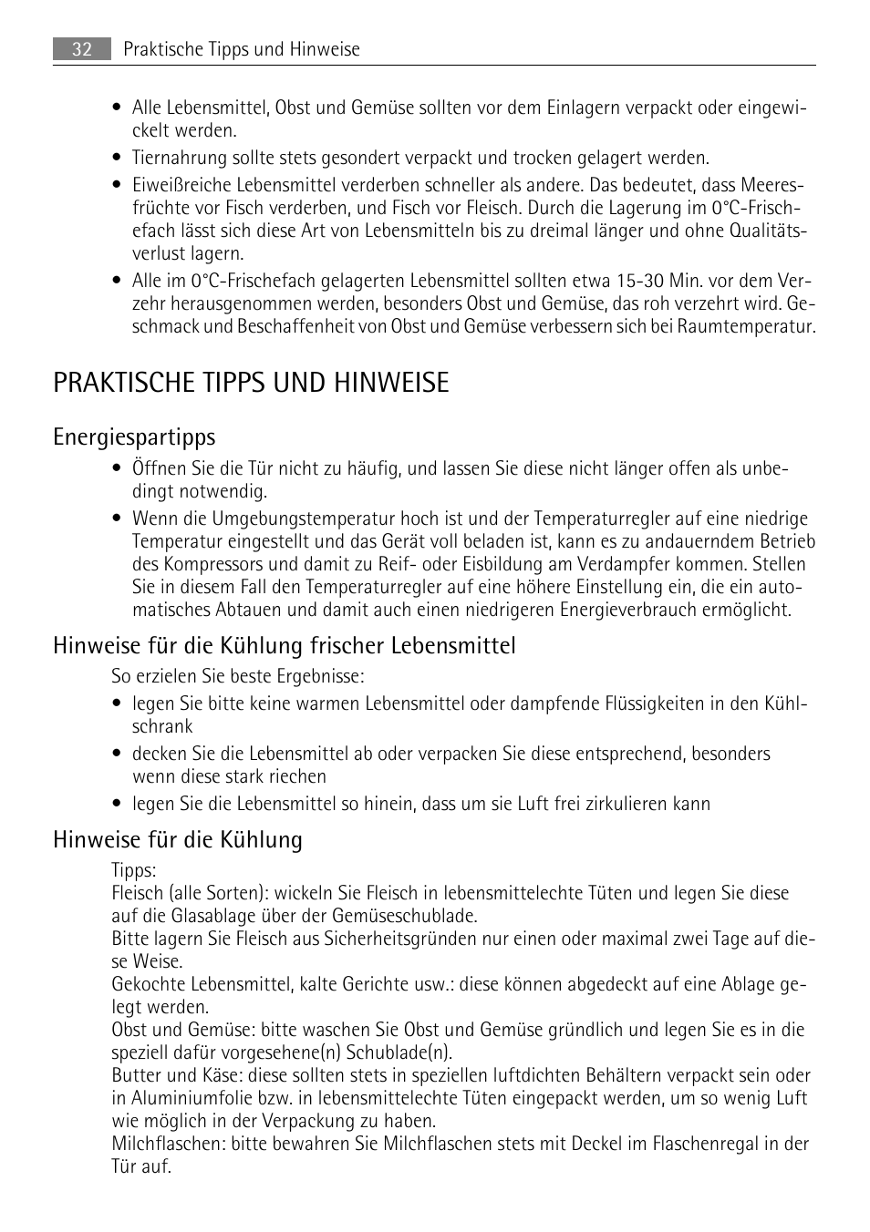 Praktische tipps und hinweise, Energiespartipps, Hinweise für die kühlung frischer lebensmittel | Hinweise für die kühlung | AEG SKS71840S0 User Manual | Page 32 / 80