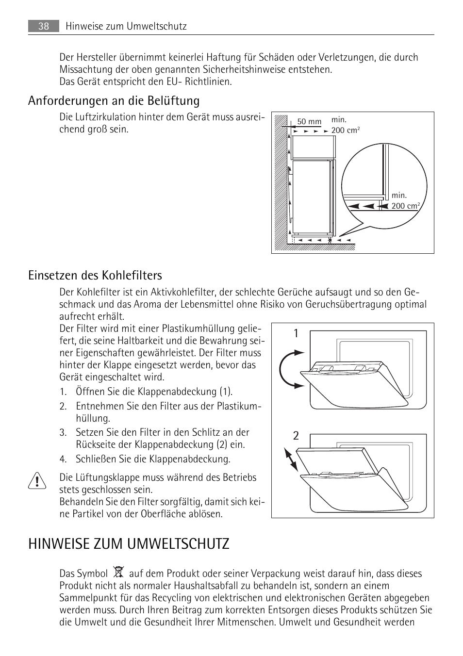 Hinweise zum umweltschutz, Anforderungen an die belüftung, Einsetzen des kohlefilters | AEG SKS71840S0 User Manual | Page 38 / 80