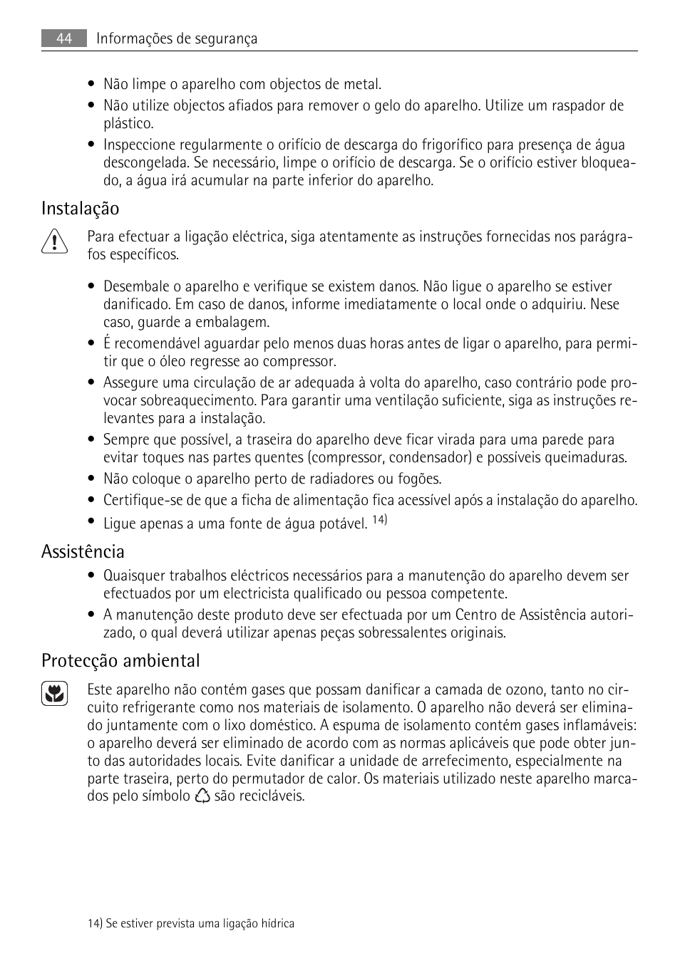 Instalação, Assistência, Protecção ambiental | AEG SKS71840S0 User Manual | Page 44 / 80