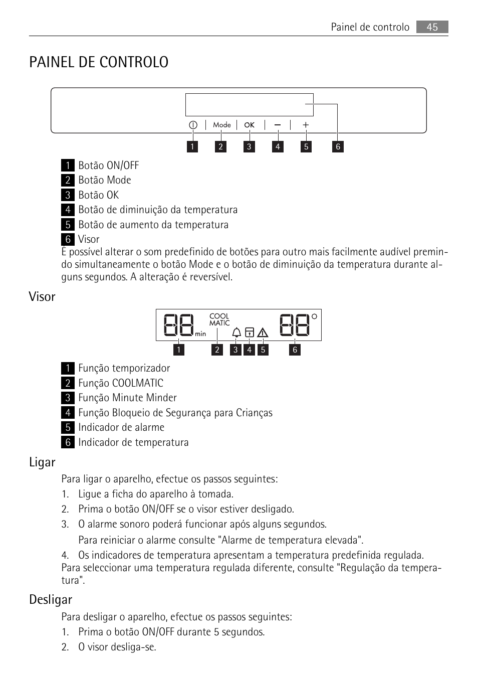 Painel de controlo, Visor, Ligar | Desligar | AEG SKS71840S0 User Manual | Page 45 / 80