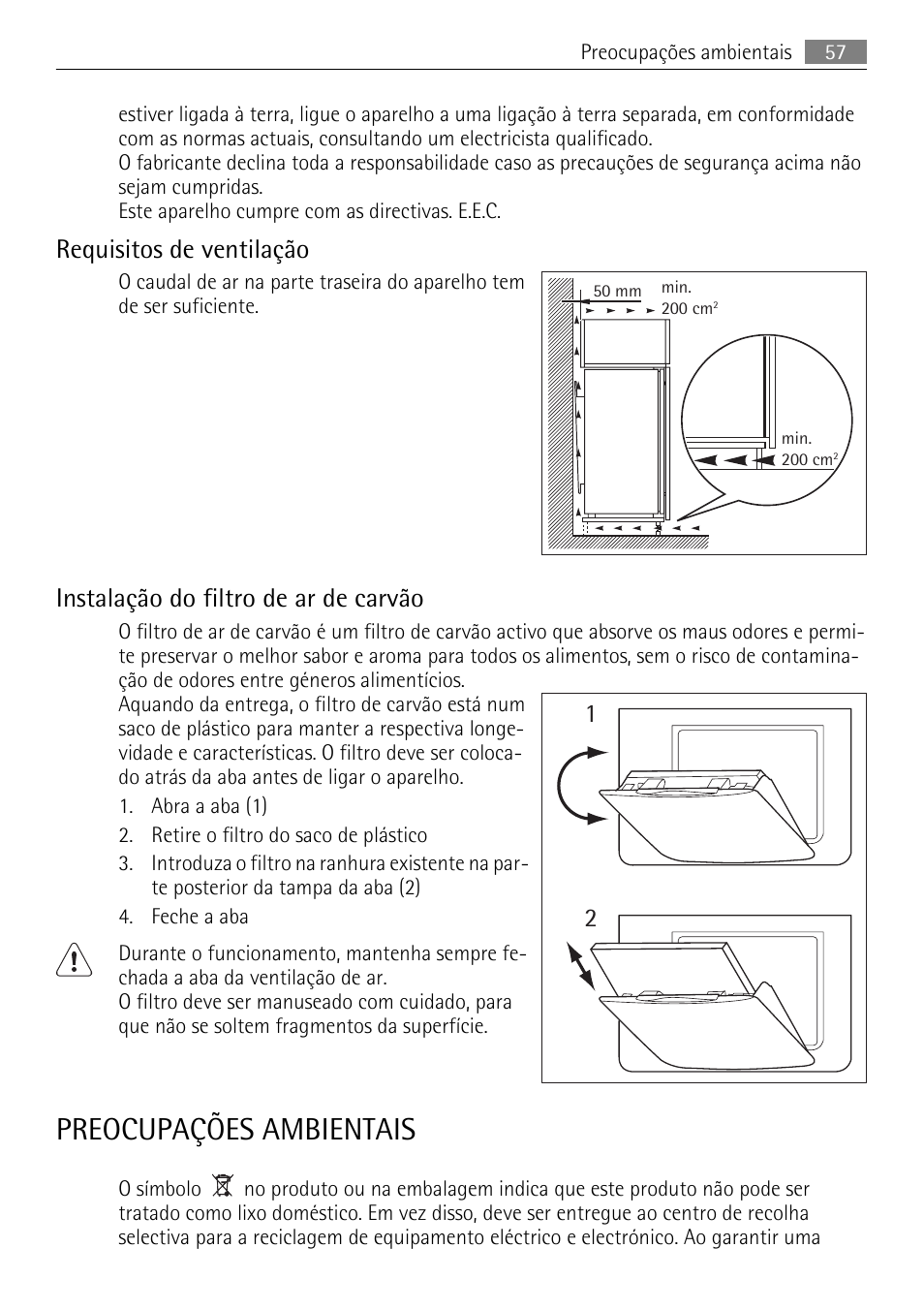 Preocupações ambientais, Requisitos de ventilação, Instalação do filtro de ar de carvão | AEG SKS71840S0 User Manual | Page 57 / 80