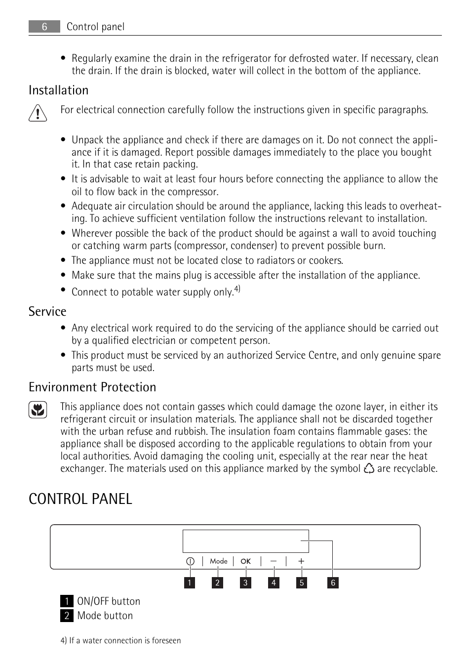 Control panel, Installation, Service | Environment protection | AEG SKS71840S0 User Manual | Page 6 / 80