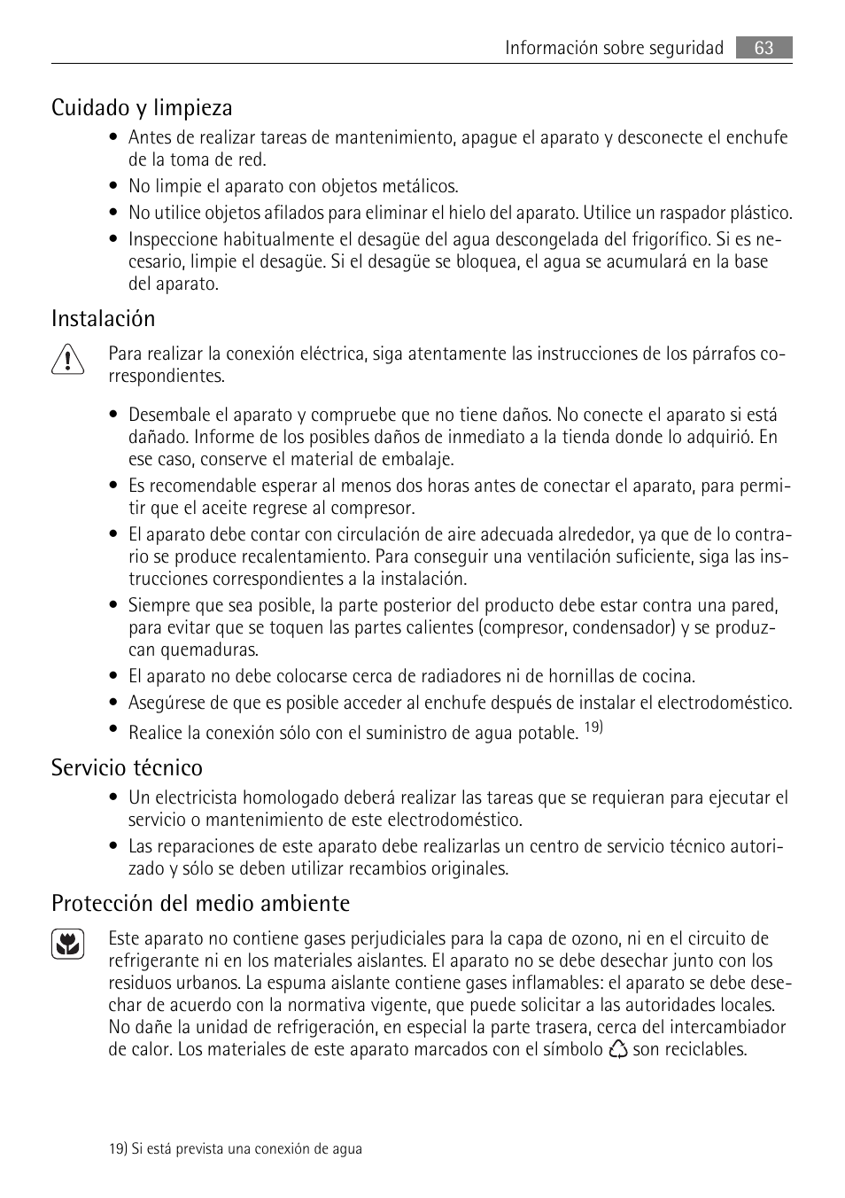 Cuidado y limpieza, Instalación, Servicio técnico | Protección del medio ambiente | AEG SKS71840S0 User Manual | Page 63 / 80