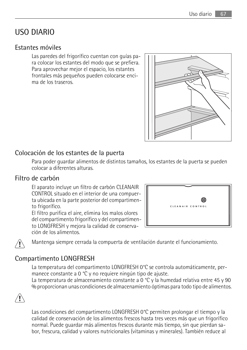 Uso diario, Estantes móviles, Colocación de los estantes de la puerta | Filtro de carbón, Compartimento longfresh | AEG SKS71840S0 User Manual | Page 67 / 80