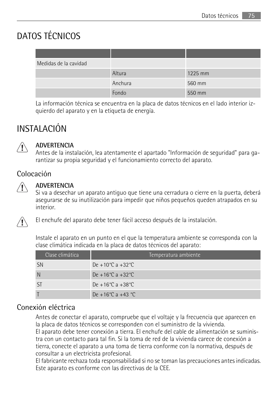 Datos técnicos, Instalación, Colocación | Conexión eléctrica | AEG SKS71840S0 User Manual | Page 75 / 80