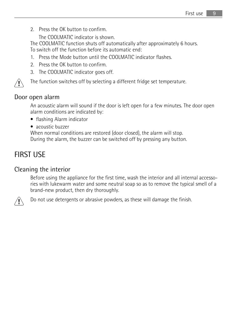 First use, Door open alarm, Cleaning the interior | AEG SKS71840S0 User Manual | Page 9 / 80