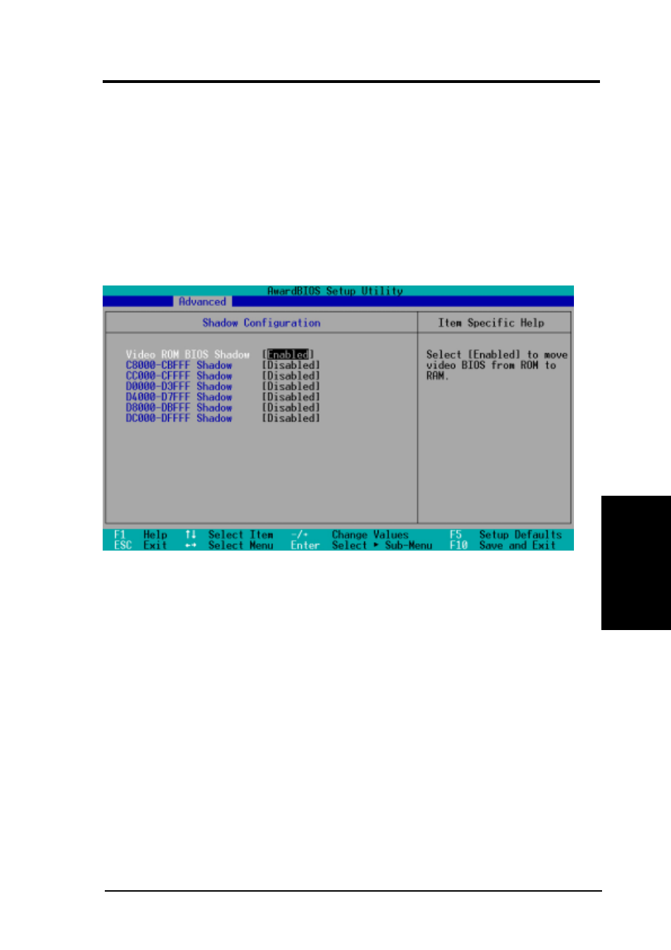 Bios setup, 4 shadow configuration | Asus Apollo PL133 Chipset Socket 370 Motherboard CUVL-VM User Manual | Page 59 / 86