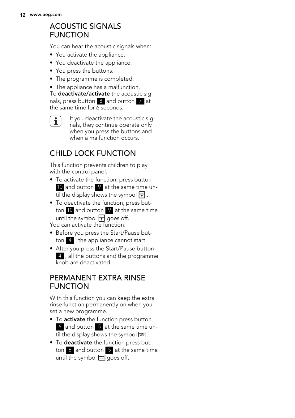 Acoustic signals function, Child lock function, Permanent extra rinse function | AEG L76480FL User Manual | Page 12 / 76