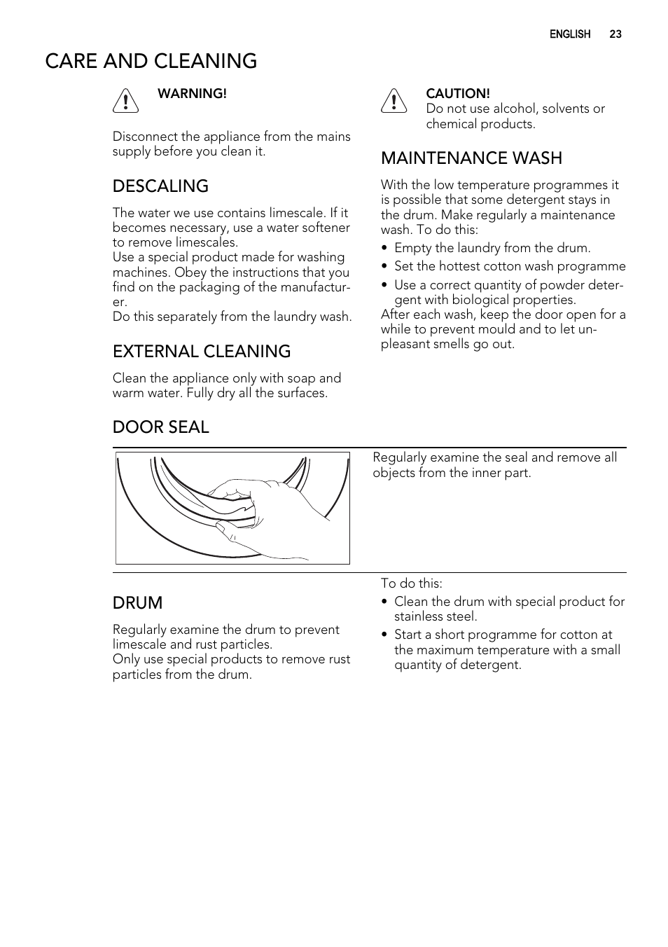 Care and cleaning, Descaling, External cleaning | Maintenance wash, Door seal, Drum | AEG L76480FL User Manual | Page 23 / 76