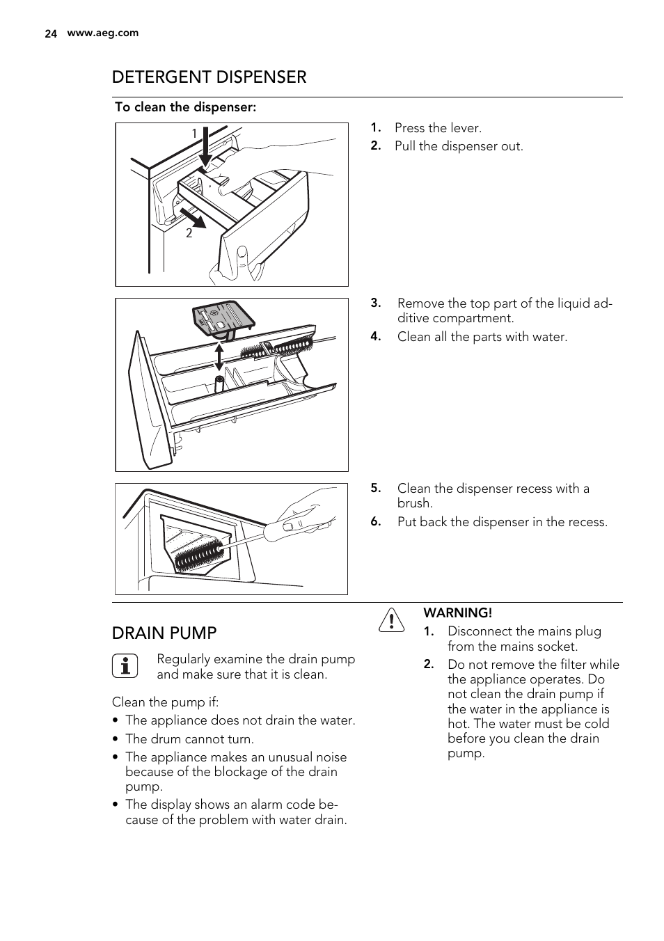 Detergent dispenser, Drain pump | AEG L76480FL User Manual | Page 24 / 76